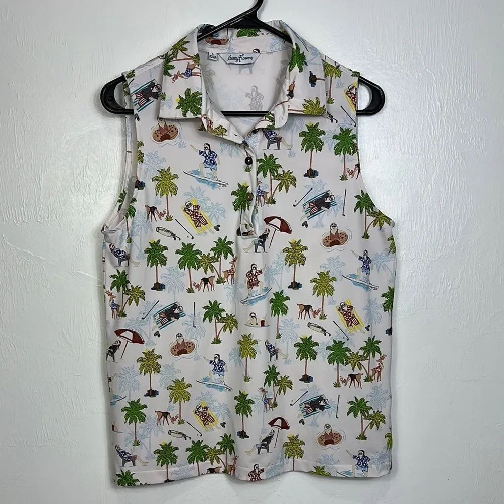Kenny Flowers White Tropical Print Collared Sleeveless Top Size L - Picture 2 of 8
